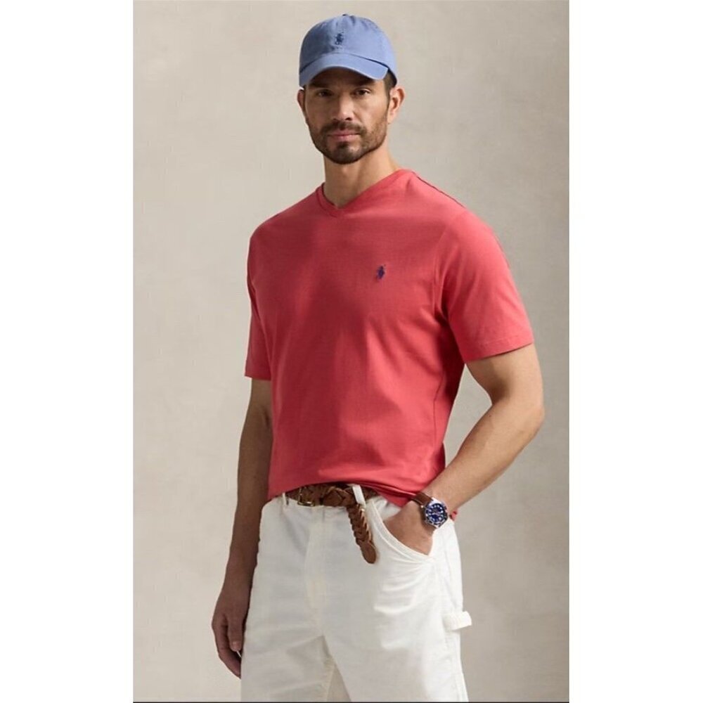 Polo Ralph Lauren Mens Size Large Classic Fit V Neck T Shirt Spring Red